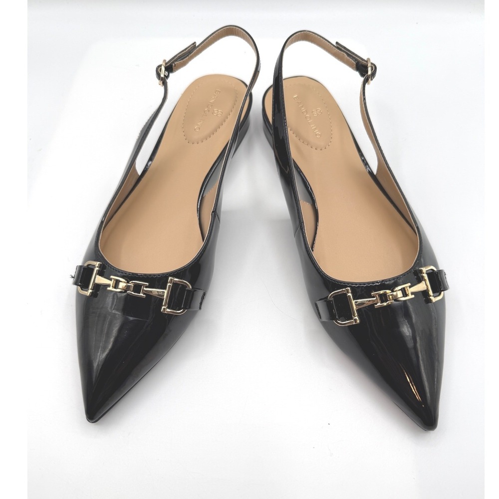 Bandolino Alex3 Slingback Flats Women's 10 M,Black Patent Gold Chain Pointed Toe